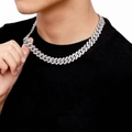 Silver cuban link necklace with rhinestones worn by a model on a dark background - 45CM Silver Necklace