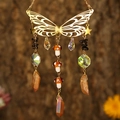 Golden butterfly suncatcher with colorful crystals, mushrooms and orange crystal pillars - Gold Wings + Smoky Quartz