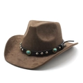 Close-up of brown faux suede cowboy hat with turquoise and silver studded leather band - M (56-59cm) / Brown