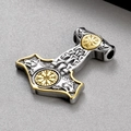 Two-tone silver and gold Viking Mjölnir pendant with double wolf heads and compass - Gold and Silver Dual Color Style (KP130640-TLX)