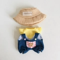 Beiger Anglerhut mit gelbem T-Shirt und blauer Denim-Latzhose für 17cm Plüschpuppen - Brauner Fischerhut + Gelbes T-Shirt + Rosa Karierte Denim-Latzhose 3-teiliges Set / Passend für 17cm Puppe