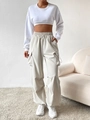 Women's vintage high-waist cargo pants with loose wide-leg fit and matching white sweatshirt - S / White
