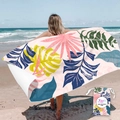 Sand-free beach towel with tropical leaf pattern and matching drawstring carry bag - Colorful Large Leaves (Single-sided Print with Cloth Bag)