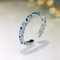 Adjustable evil eye ring with blue enamel and clear zircon stones in silver finish - Silver-Light Blue