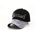 Cappellino da baseball nero in denim con scritta Blessed e visiera con strass - Nero