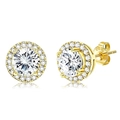 Elegant gold halo stud earrings with round brilliant cut center stone and pavé setting - Gold Round Halo Studs