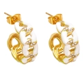 Vintage gold C-shape hoop earrings with white enamel, chain texture and zircon accents - White