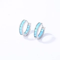 Detail of silver hoop earrings with sky blue square stones and beaded edge craft - Silver Sky Blue