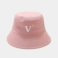 Detailed view of the white embroidered 'V' logo on a pink cotton bucket hat with stitching - M (56-58cm) / Pink