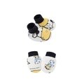 Set di muffole e calzini per neonati bianchi con stampe di mucche blu e dettagli gialli - Set Guanti e Scarpine Mucca Blu Notte