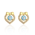 Close-up of 18K gold plated heart earrings with zircon and blue evil eye detail - 41952/Heart Bow Evil Eye