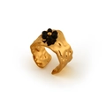 Golden wide open ring with hammered texture and black beaded flower detail - Adjustable Open / Black
