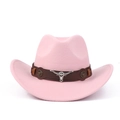 Chapeau de cowboy rose en laine avec bandeau en cuir et emblème tête de taureau argent - Rose (Bande en cuir marron)