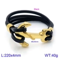 Black woven leather anchor bracelet with golden stainless steel clasp for men - Large Gold Anchor Black Leather Rope (KB134500-BDJX)