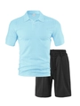 Détail de polo bleu clair à texture gaufrée et short noir à cordon de serrage - S / Haut Bleu Clair + Short Noir