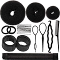 Flat lay of professional hair styling tools including pull hair pin, comb, and mesh buns - 21-Piece Black Set / Black