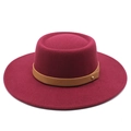 Burgundy wool felt wide brim boater hat with camel leather band and gold buckle detail - M (56-58cm) / Burgundy