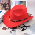 Classic red wide brim western cowboy hat with brown braided band and chin strap - Leaf Style / Red