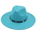 Detailed view of the diamond metal hardware on the leather band of the teal fedora hat - Adult (57-62cm) / Lake Blue