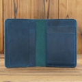 Handmade crazy horse leather card wallet in dark green with visible stitching detail - 1052 Blue Crazy Horse