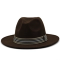Detail of dark brown wool fedora hat featuring a striped woven decorative band - Coffee