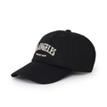 Close-up of Los Angeles 3D embroidery on a black cotton twill baseball cap - All Black