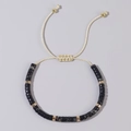 Men's natural black stone bead bracelet with gold spacers and beige cord - Black Grey Marble Stone Beads-Beige Cord-Single Bracelet