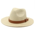 Chapeau de soleil de plage en paille tissée beige unisexe avec bande en cuir marron - M (56-58cm) / Beige