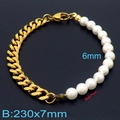Bracciale a catena cubana dorata con perle da 6mm e specifiche su sfondo nero - Bracciale da 23cm / Oro