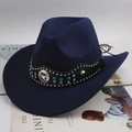 Navy blue wool felt cowboy hat with ethnic style leather band and star badge - Rhinestone Arc Strap / Navy Blue