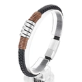 Men's braided black leather bracelet with silver rings and magnetic clasp closure - Gold (KB169224-KLHQ) / 19cm