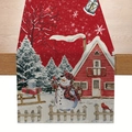 Christmas table runner featuring festive snowman, red house, and birds winter scene - CD62-21 (Snowman House Cardinal Table Runner)