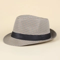 Dettaglio del motivo pied de poule marrone e nero su un classico cappello jazz trilby - M (56-58cm) / Cachi