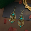 Bohemian gold-tone turquoise drop earrings with vintage tassels and ornate carvings - Cyan Gem Gold Base Tassel Style (E3646)