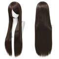 Detailed views of deep brown long straight synthetic cosplay wig with side-swept bangs - Dark Brown