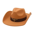 Classic camel wool felt cowboy hat with leather rivet band and gold bull head emblem - Gold Bull Head / Camel