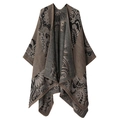 Close-up of bohemian paisley knit shawl with intricate patterns in brown and grey - One Size / Paisley Cartoon-Camel