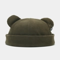 Detailed texture of green knit docker hat featuring cute bear ears and a black metal ring - Adjustable / Army Green