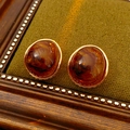 Orecchini vintage in resina ambrata con cornice dorata su display in velluto verde - Stile Tondo Dorato (Silver Earring Post)