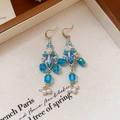 Elegant gold flower tassel earrings with blue crystals and white pearls for women - French Vintage Blue Crystal Artificial Pearl Style (Silver Earring Post)