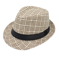Klassischer Trilby Strohhut mit Karomuster und schwarzem Band auf weißem Grund - M(56-58cm) / Braun-Weiß Kariert (02 Farbe)