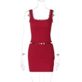 Detail of red ribbed crop top and mini skirt set with delicate lace trim on neckline - S / Red