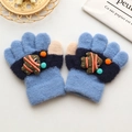 Blaue gestrickte Kinderhandschuhe mit süßem Fischaufnäher und bunten Pompons für den Winter - Einheitsgröße (Empfohlen 0-3 Jahre) / Dunkelblauer Fisch