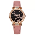 Stylish butterfly quartz watch with rose gold case and pink leather strap for women - Pink