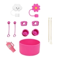 Pink floral water bottle accessory set with silicone base, charms, and metal chains - Rose Red