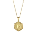 Hexagon initial F pendant necklace in gold finish with beaded edges for women - Letter F