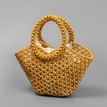 Handwoven khaki wood bead handbag with linen drawstring pouch for beach vacation - Turmeric