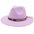 Close-up of light purple wool fedora hat with brown woven leather band and metal studs - M (56-58cm) / Taro Purple