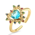 Bague cœur élégante plaquée or 18K avec zircon bleu clair et pierres multicolores - Ouvert Réglable / Bleu clair