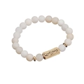 Elastic natural stone bead bracelet in white with gold confident engraved metal bar - Matte White Cream Stone-Confident